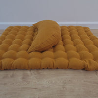 Set of linen meditation mustard Cresсent cushion + mat floor cushion 23" x 35" filled with buckwheat hulls