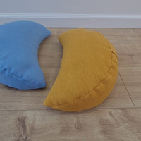 Set of two Yellow & Blue meditation natural Crescent linen cushions filled with buckwheat hulls gift for him for her Yoga support pillow