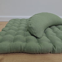 Set of linen meditation olive Cresсent cushion + mat floor cushion 23" x 35" filled with buckwheat hulls