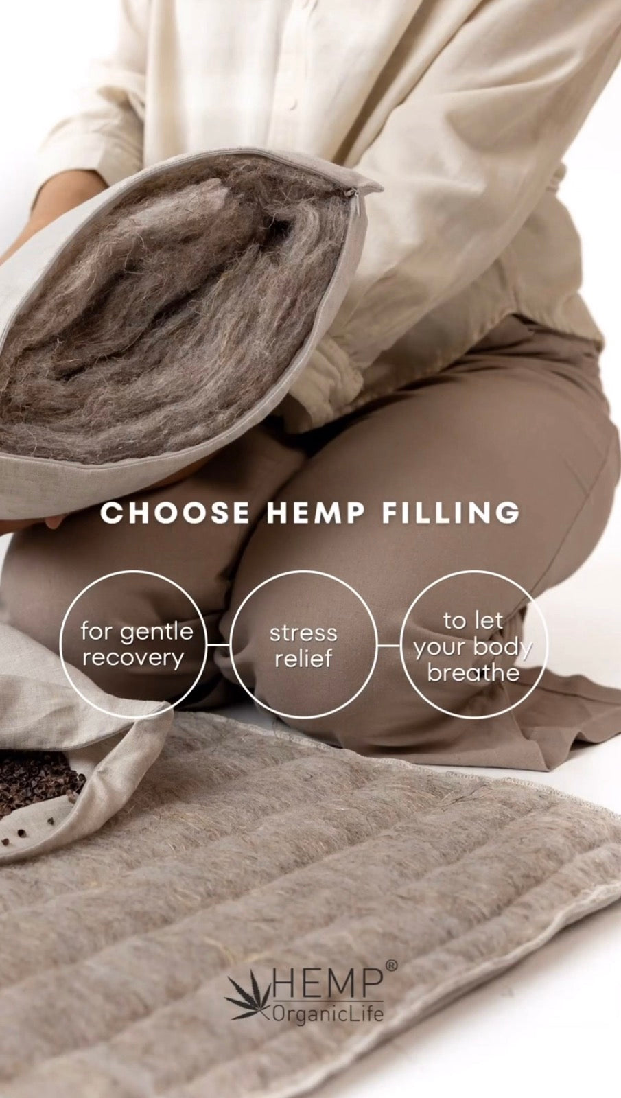 One Cover + Two Pillows Hemp quilted cover with Hemp filled pillow & Buckwheat hulls pillow Natural Choice for Conscious Sleep