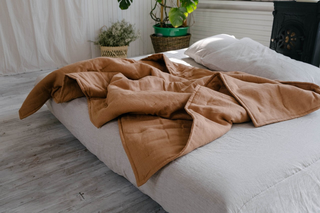 Soft Natural HEMP Linen blanket organic Hemp fiber filling in Natural Linen Fabric Full Twin Queen custom size cozy organic quilted blanket