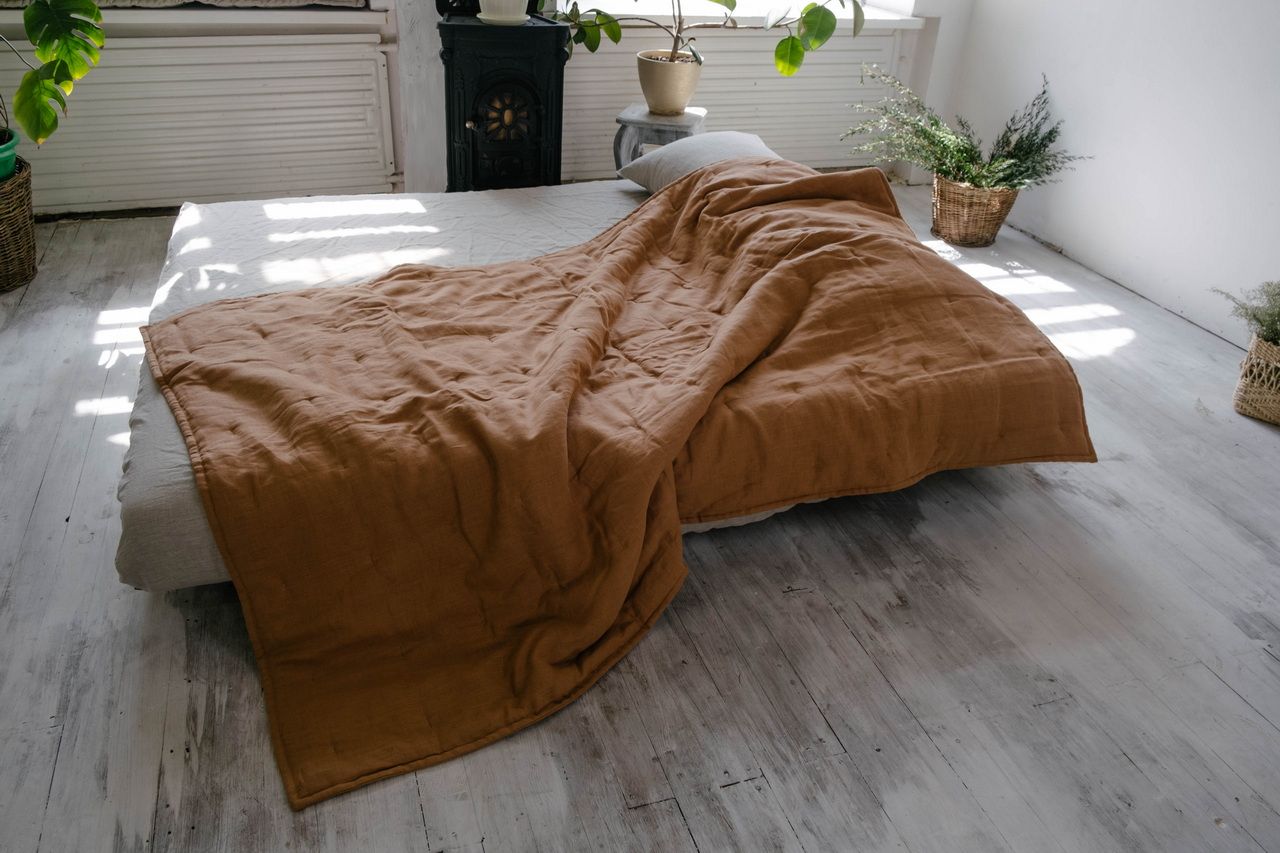 Soft Natural HEMP Linen blanket organic Hemp fiber filling in Natural Linen Fabric Full Twin Queen custom size cozy organic quilted blanket