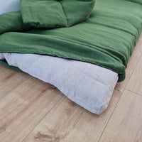 Special listing for Casey Heitmann one 38"L x 26" W hemp sleeping bag with pillow in mustard linen fabric, with white thread embroidery of the Rowen name, with a grey mat inside 2.3" thick
