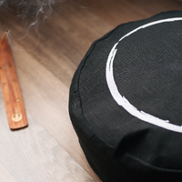 Black Meditation set of Zafu and Zabuton with white ring embroidery floor cushions with organic buckwheat hulls
