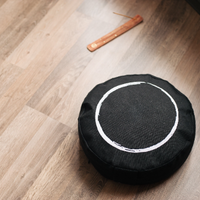 Black Meditation set of Zafu and Zabuton with white ring embroidery floor cushions with organic buckwheat hulls