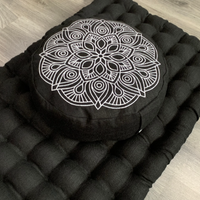 Black Meditation set of Zafu and Zabuton with Mandala embroidery floor cushions with organic buckwheat hulls