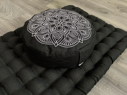 Black Meditation set of Zafu and Zabuton with Mandala embroidery floor cushions with organic buckwheat hulls