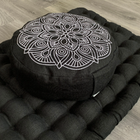 Black Meditation set of Zafu and Zabuton with Mandala embroidery floor cushions with organic buckwheat hulls