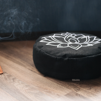 Zafu Linen meditation cushion with embroidery Lotus filled organic Buckwheat hulls meditation pillow yoga pillow decor pillow