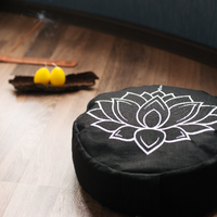 Zafu Linen meditation cushion with embroidery Lotus filled organic Buckwheat hulls meditation pillow yoga pillow decor pillow