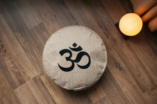 Embroidery Zafu OM Linen floor cushion with Buckwheat hulls /Organic Meditation cushion/ pillow seat