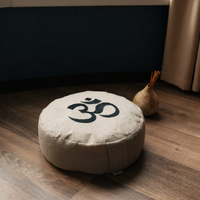 Embroidery Zafu OM Linen floor cushion with Buckwheat hulls /Organic Meditation cushion/ pillow seat