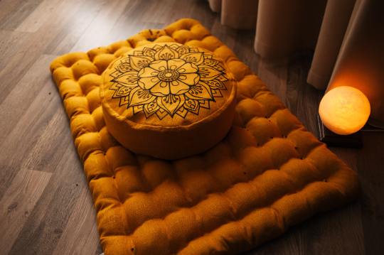 Embroidery mustard Meditation Set Zafu & Zabuton with Buckwheat hulls Mandala Linen Floor cushions Meditation pillow pouf PillowSeat Yoga