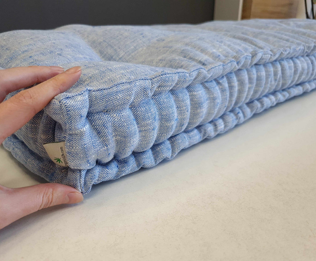 Hemp Custom madeWindow Mudroom Floor bench cushion filled organic hemp fiber in natural light blue linen fabric unique all natural pillow
