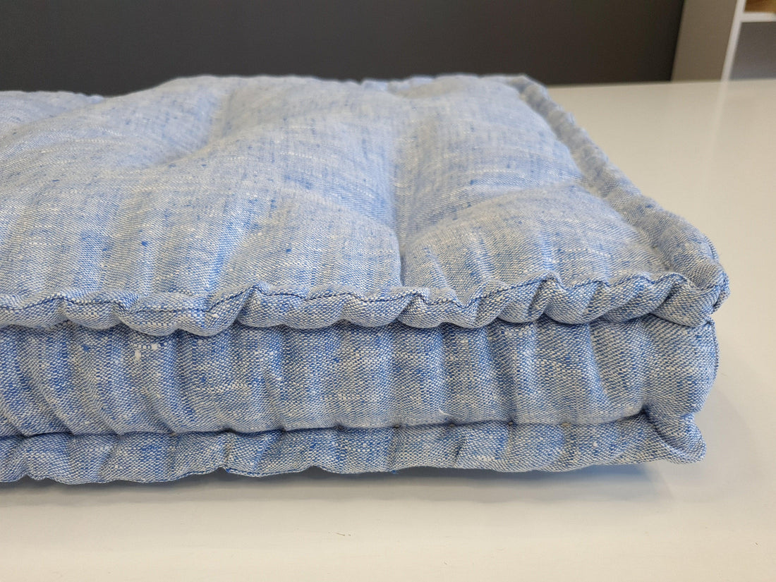 Hemp Custom madeWindow Mudroom Floor bench cushion filled organic hemp fiber in natural light blue linen fabric unique all natural pillow