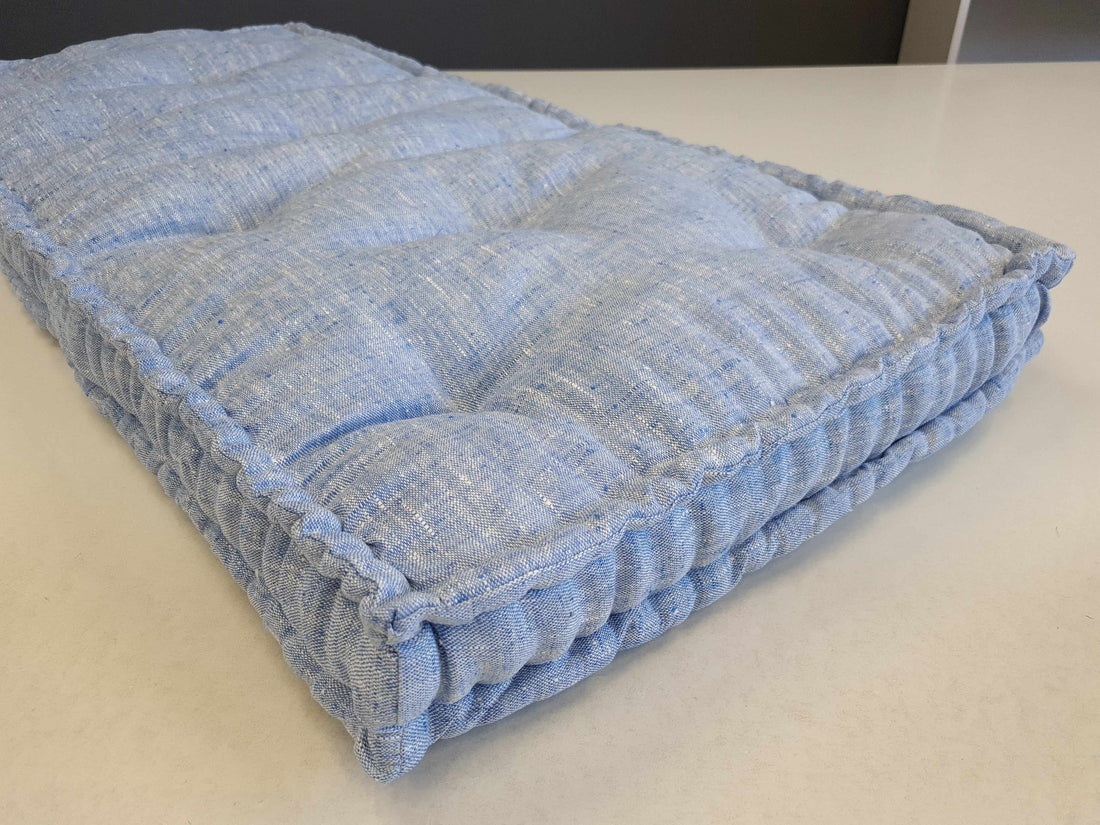 Hemp Custom madeWindow Mudroom Floor bench cushion filled organic hemp fiber in natural light blue linen fabric unique all natural pillow