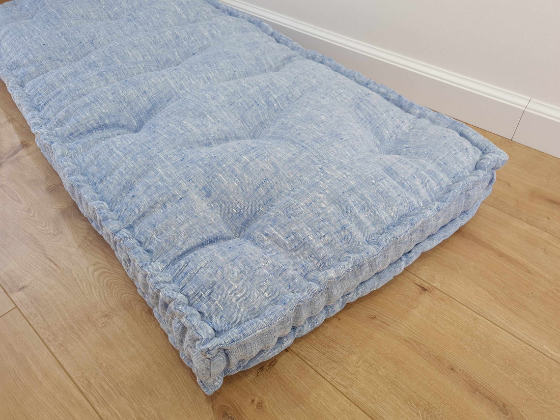 Hemp Custom madeWindow Mudroom Floor bench cushion filled organic hemp fiber in natural light blue linen fabric unique all natural pillow