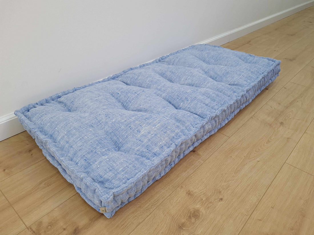 Hemp Custom madeWindow Mudroom Floor bench cushion filled organic hemp fiber in natural light blue linen fabric unique all natural pillow