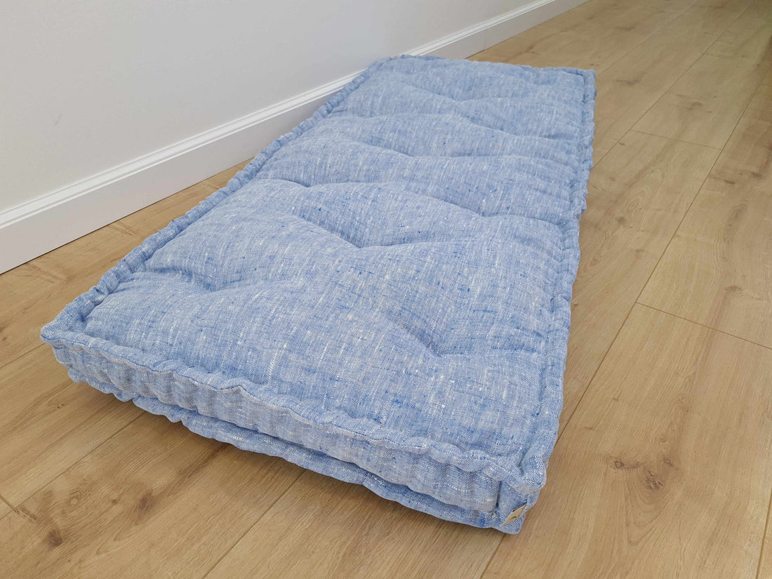 Hemp Custom madeWindow Mudroom Floor bench cushion filled organic hemp fiber in natural light blue linen fabric unique all natural pillow