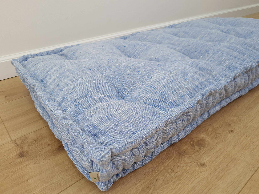 Hemp Custom madeWindow Mudroom Floor bench cushion filled organic hemp fiber in natural light blue linen fabric unique all natural pillow