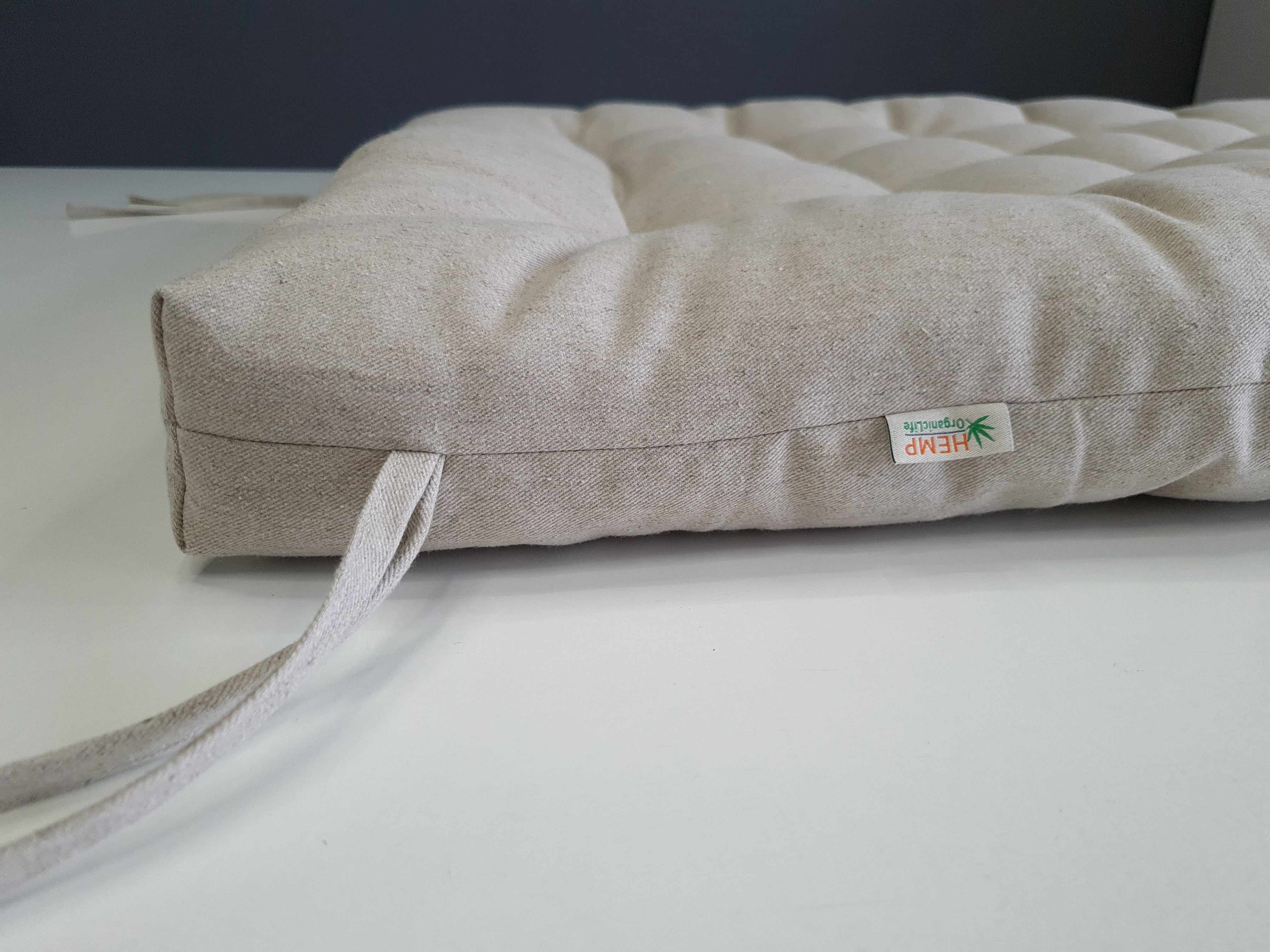 Hemp Linen cushion with ties filled organic hemp fiber in natural non dyed linen fabric window bench cushion custom made