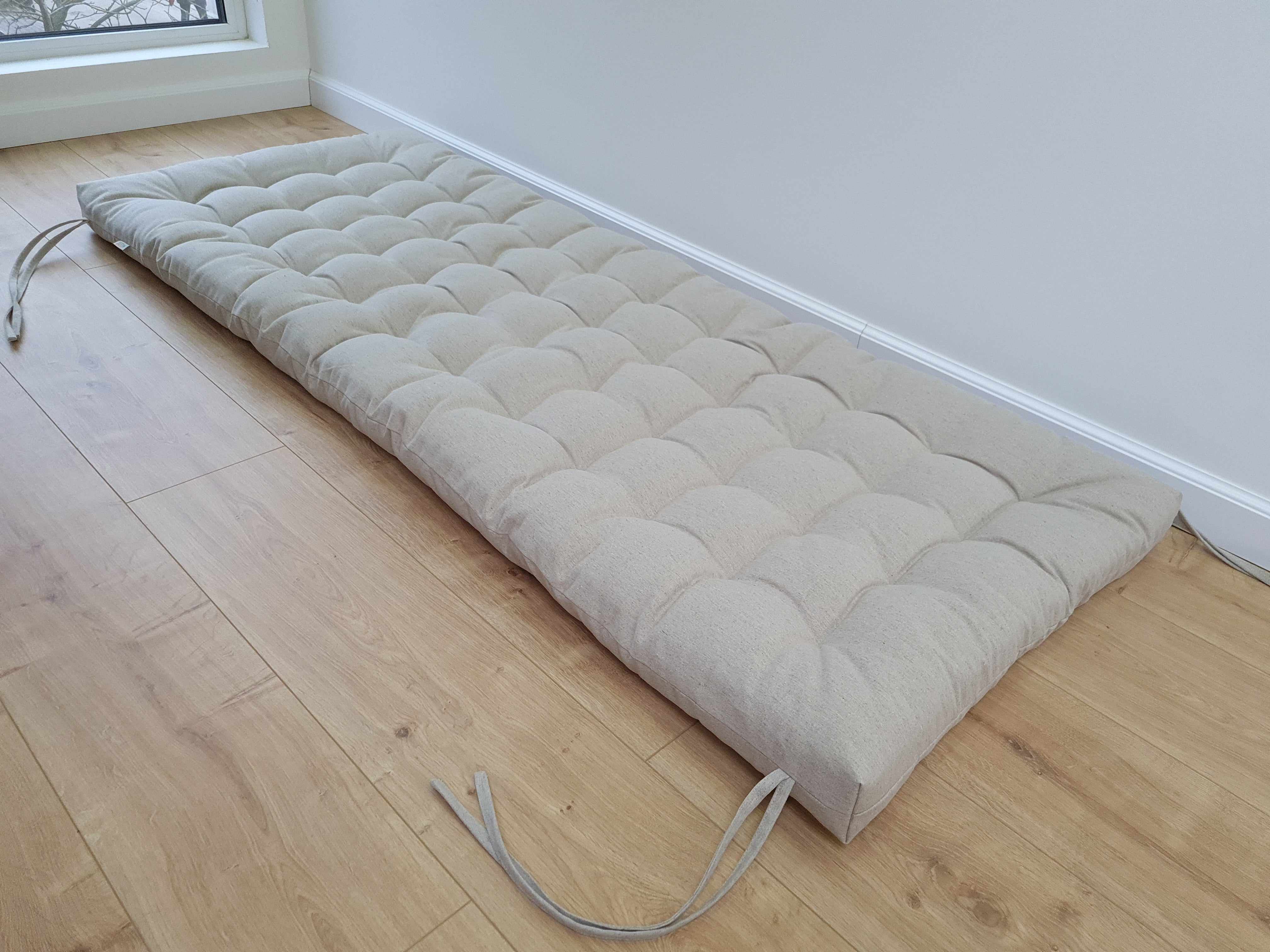 Hemp Linen cushion with ties filled organic hemp fiber in natural non dyed linen fabric window bench cushion custom made