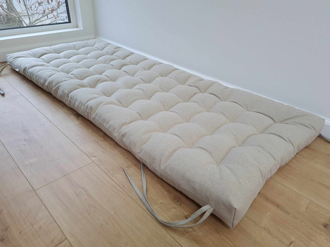 Hemp Linen cushion with ties filled organic hemp fiber in natural non dyed linen fabric window bench cushion custom made