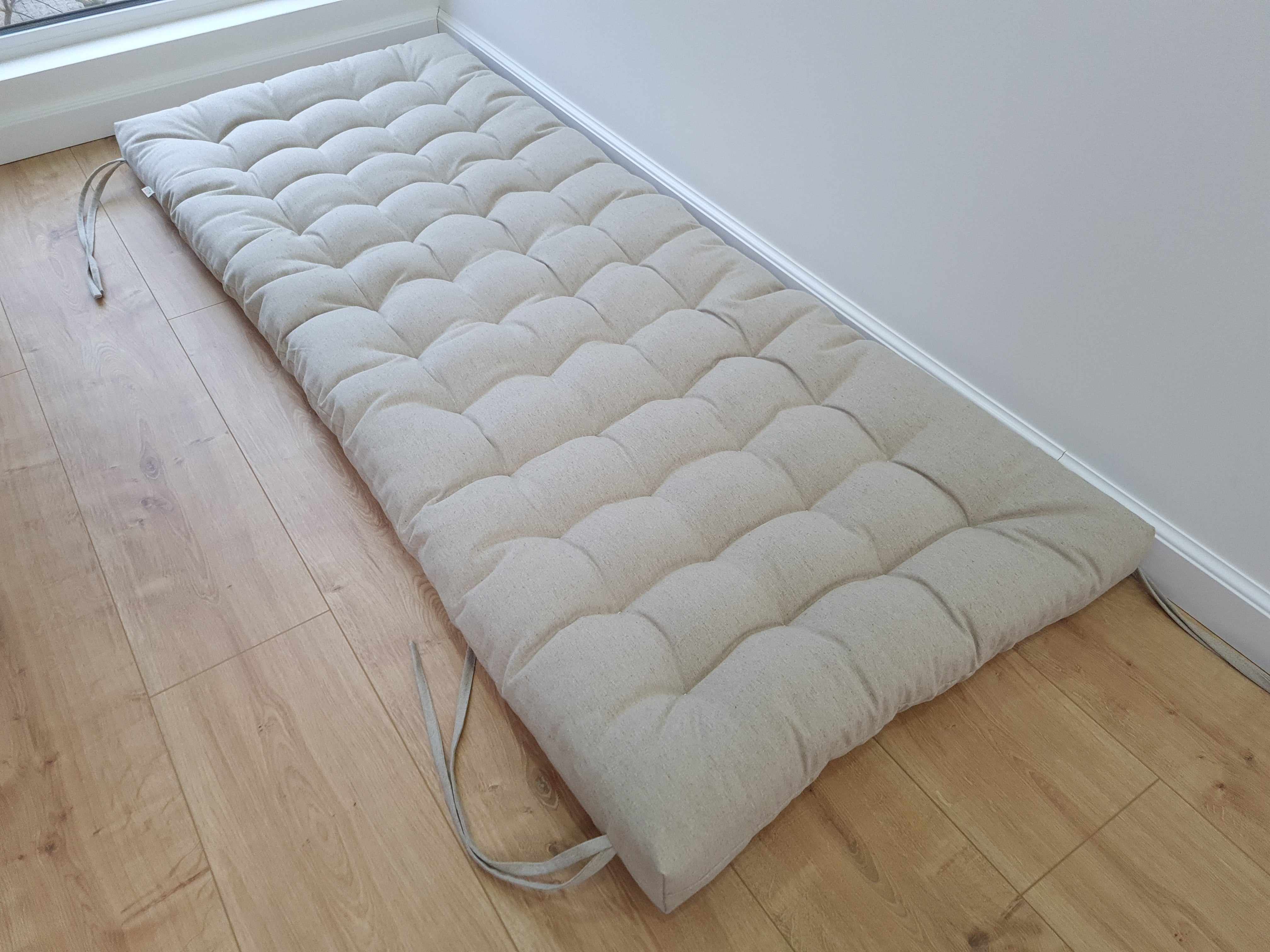 Hemp Linen cushion with ties filled organic hemp fiber in natural non dyed linen fabric window bench cushion custom made