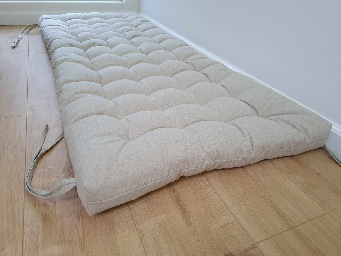 Hemp Linen cushion with ties filled organic hemp fiber in natural non dyed linen fabric window bench cushion custom made