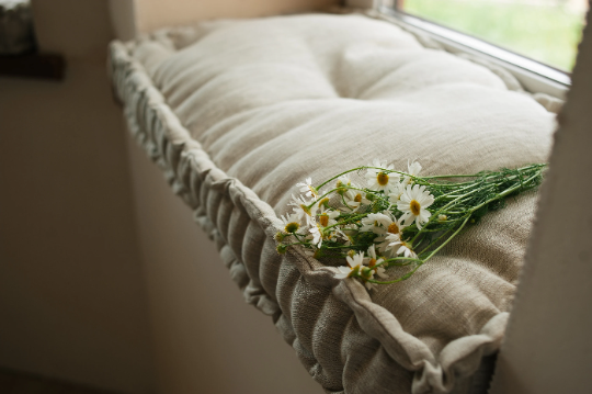Hemp Natural non-dyed grey window Mudroom Floor Bench cushion with organic hemp fiber filling in linen fabric custom made
