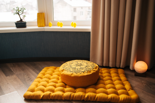 Embroidery mustard Meditation Set Zafu & Zabuton with Buckwheat hulls Mandala Linen Floor cushions Meditation pillow pouf PillowSeat Yoga