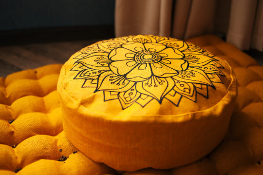 Embroidery mustard Meditation Set Zafu & Zabuton with Buckwheat hulls Mandala Linen Floor cushions Meditation pillow pouf PillowSeat Yoga