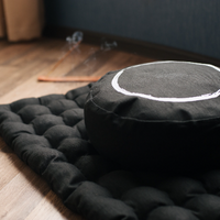 Black Meditation set of Zafu and Zabuton with white ring embroidery floor cushions with organic buckwheat hulls