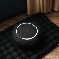 Black Meditation set of Zafu and Zabuton with white ring embroidery floor cushions with organic buckwheat hulls