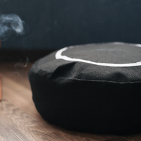 Black Meditation set of Zafu and Zabuton with white ring embroidery floor cushions with organic buckwheat hulls