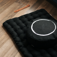 Black Meditation set of Zafu and Zabuton with white ring embroidery floor cushions with organic buckwheat hulls