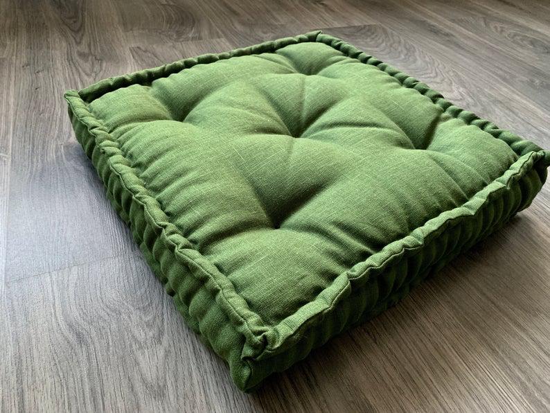 Green Hemp Floor cushion with organic hemp fiber filling in linen fabric / floor pillow Pillow seat/Meditation Yoga /Natural
