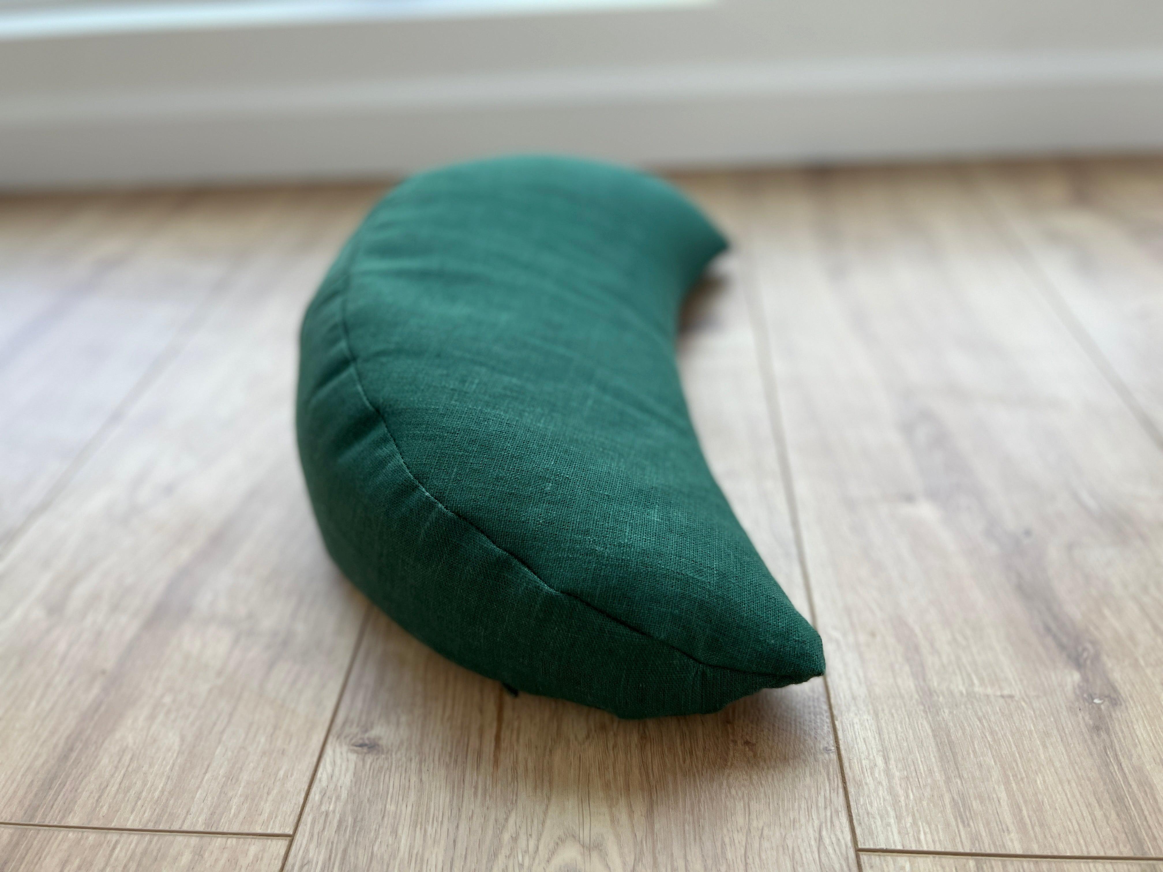Set of linen meditation green Cresсent cushion + mat floor cushion 23" x 35" filled with buckwheat hulls