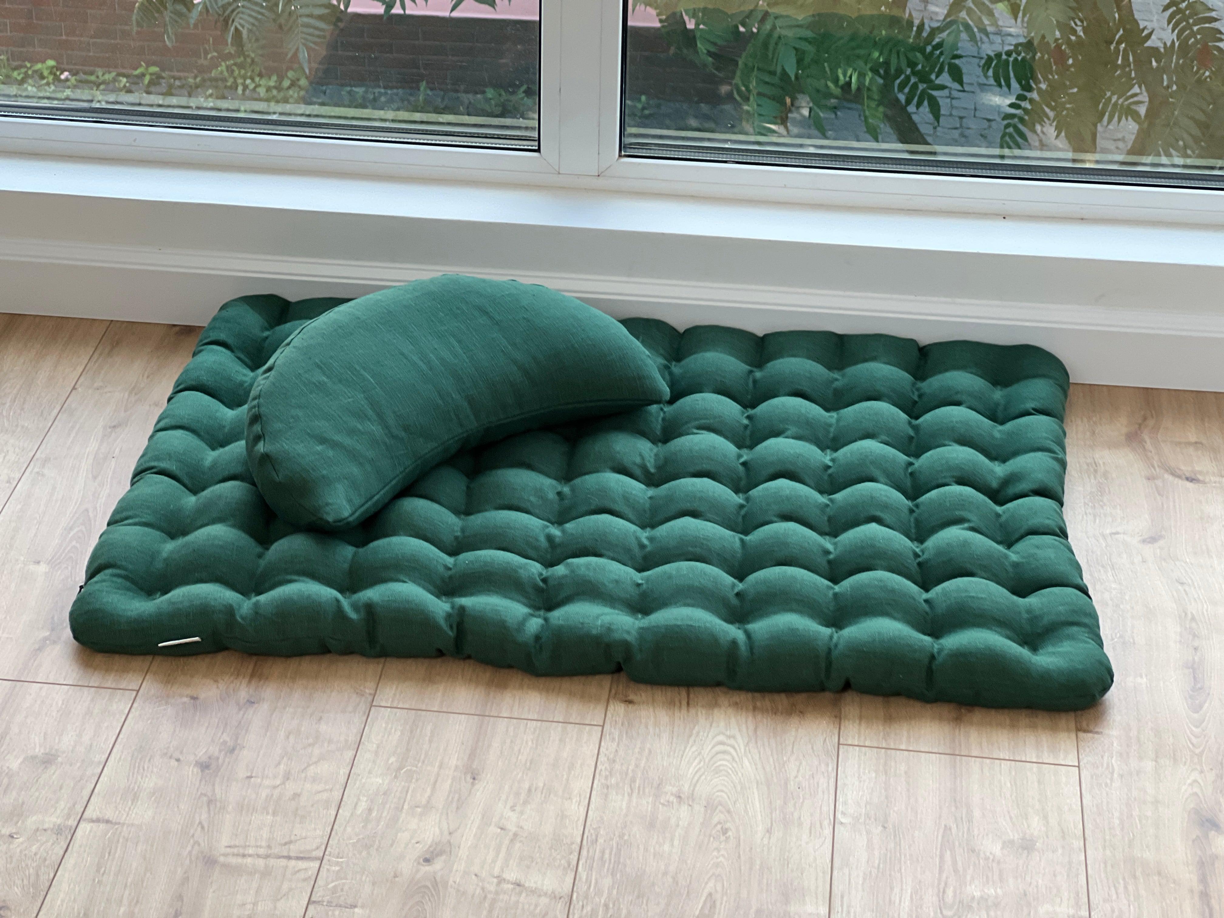 Set of linen meditation green Cresсent cushion + mat floor cushion 23" x 35" filled with buckwheat hulls