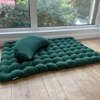 Set of linen meditation green Cresсent cushion + mat floor cushion 23" x 35" filled with buckwheat hulls