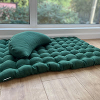 Set of linen meditation green Cresсent cushion + mat floor cushion 23" x 35" filled with buckwheat hulls