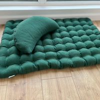 Set of linen meditation green Cresсent cushion + mat floor cushion 23" x 35" filled with buckwheat hulls