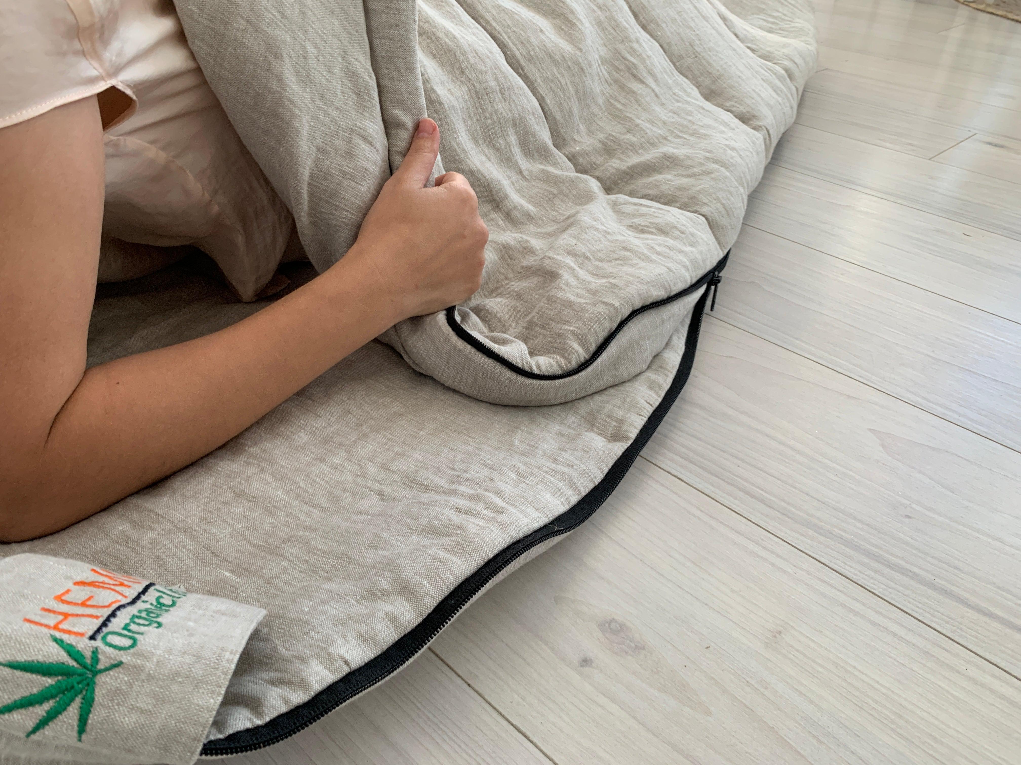 HEMP natural Sleeping bag with hood thick organic hemp fiber filling inside in linen non-dyed fabric hand made