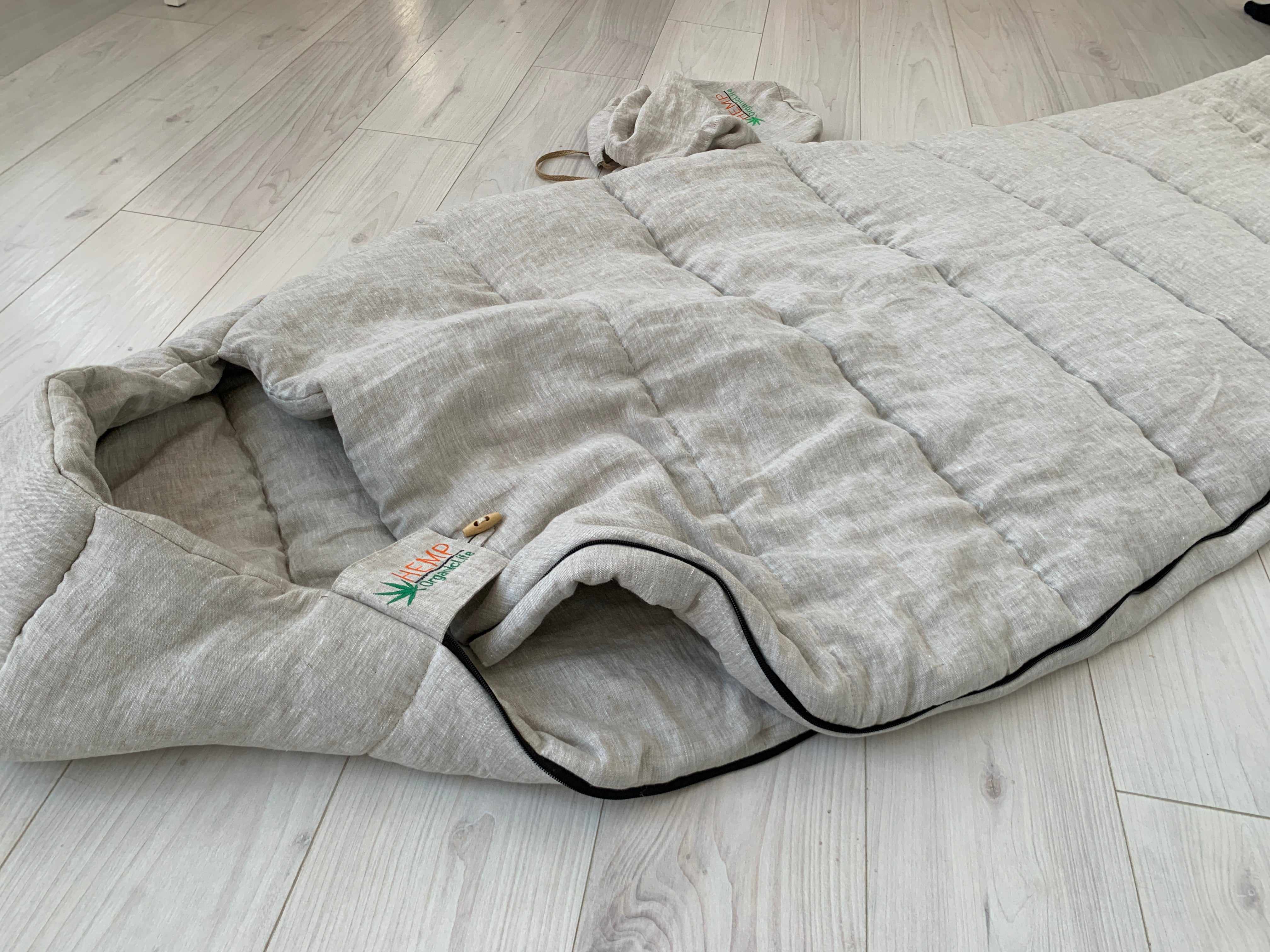 HEMP natural Sleeping bag with hood thick organic hemp fiber filling inside in linen non-dyed fabric hand made