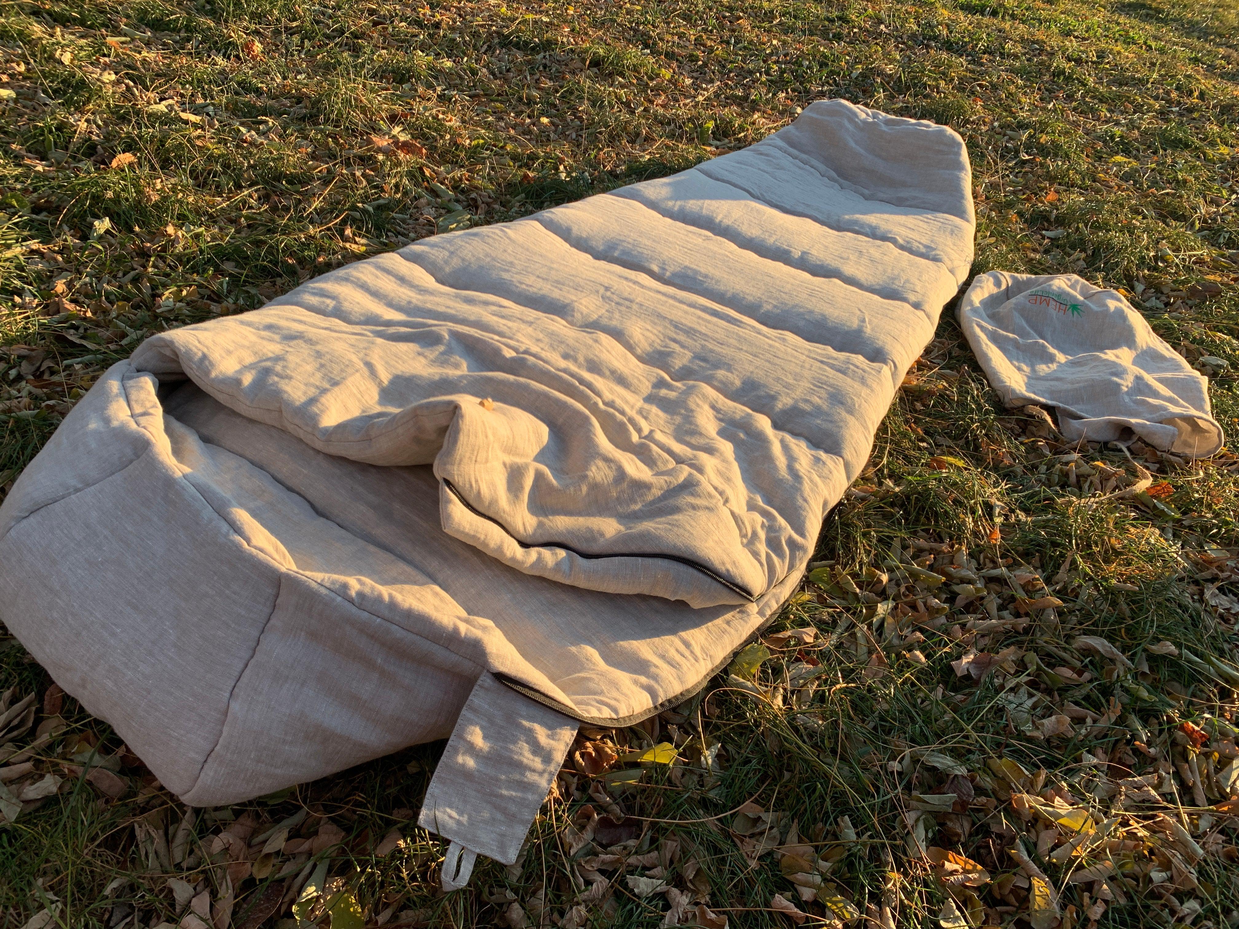 HEMP natural Sleeping bag with hood thick organic hemp fiber filling inside in linen non-dyed fabric hand made