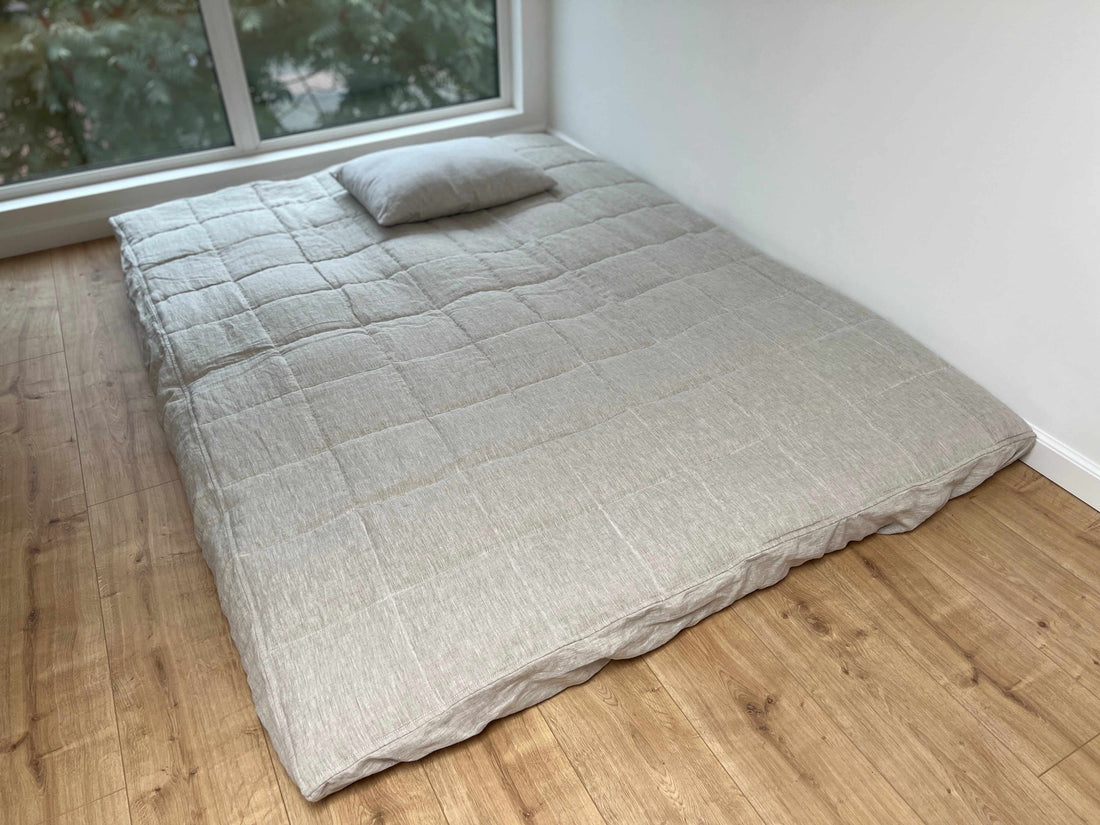 Hemp Linen Shikibuton Mat 3” thick organic mat with hemp fiber filler inside in natural non-dyed Linen fabric