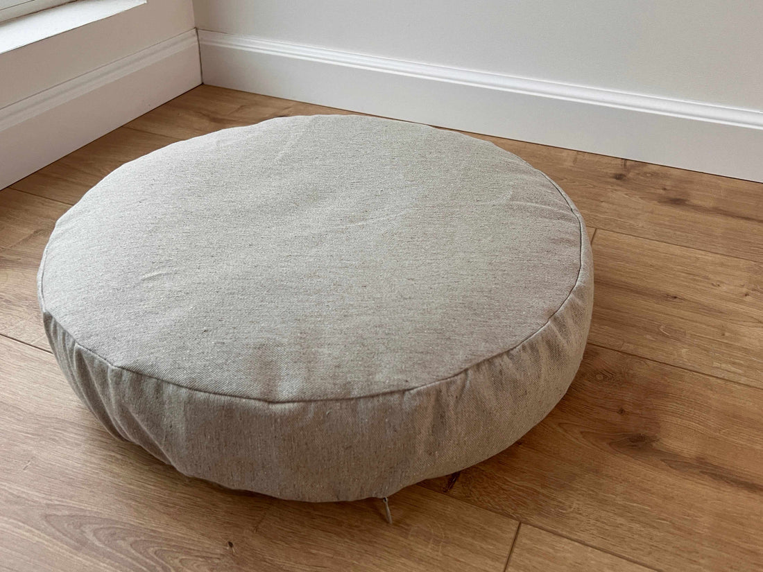 Round Hemp cushion with removable cover Hemp fiber filling in cotton fabric with linen non-dyed cover Floor cushion custom made size