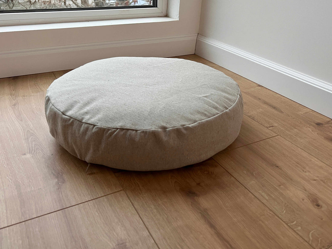 Round Hemp cushion with removable cover Hemp fiber filling in cotton fabric with linen non-dyed cover Floor cushion custom made size