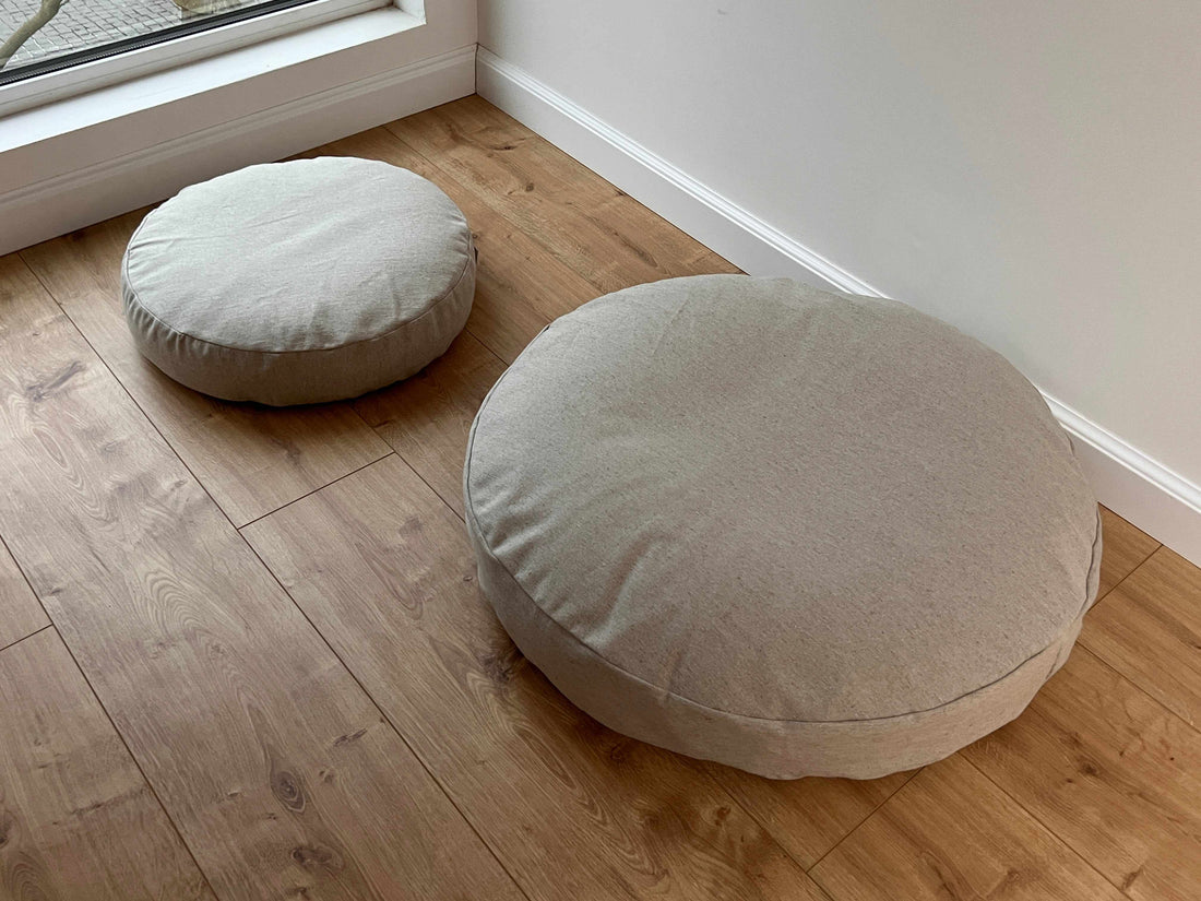 Round Hemp cushion with removable cover Hemp fiber filling in cotton fabric with linen non-dyed cover Floor cushion custom made size