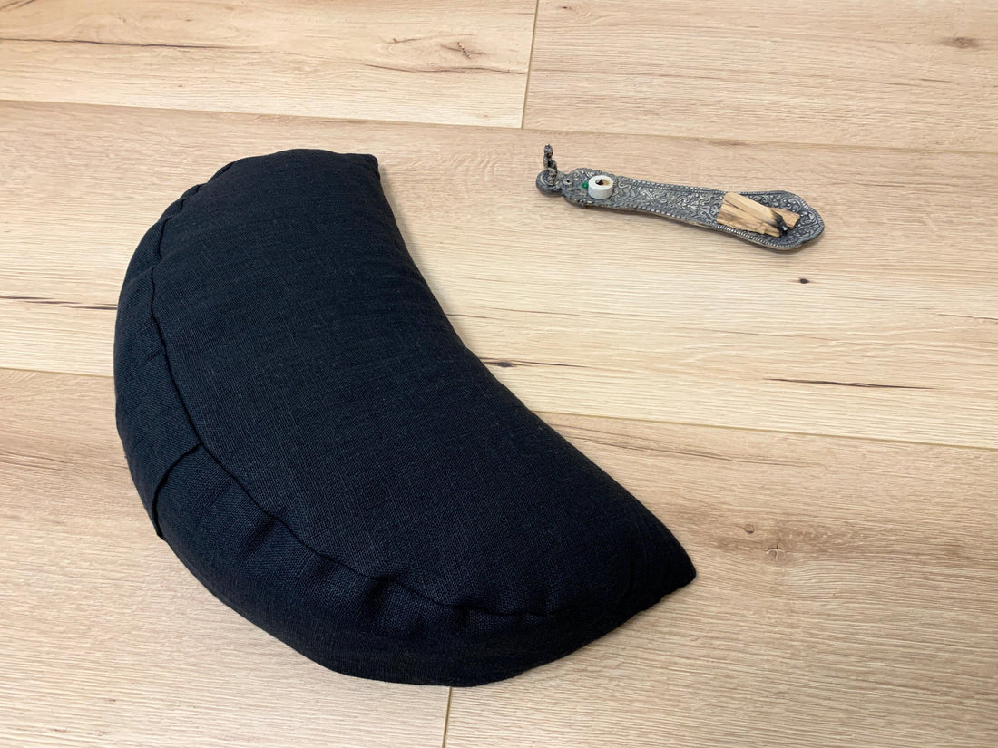 Black linen meditation Cresсent cushion filled with buckwheat hulls gift for him Yoga support pillow